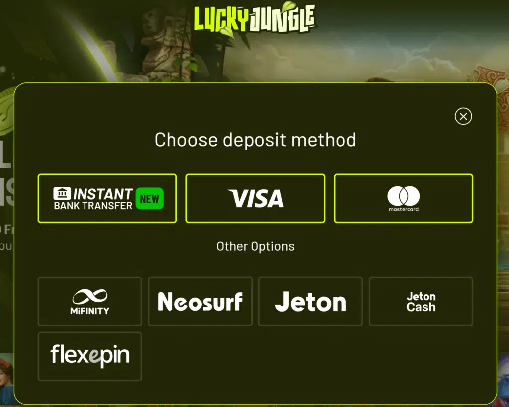 Visar olika betalningsmetoder hos Lucky Jungle